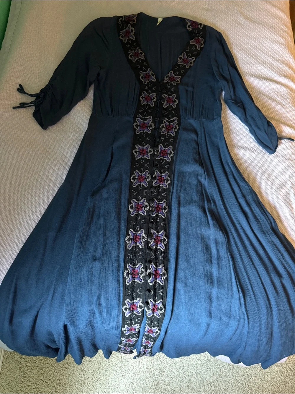 Free People Navy Blue Embroidered Maxi Dress